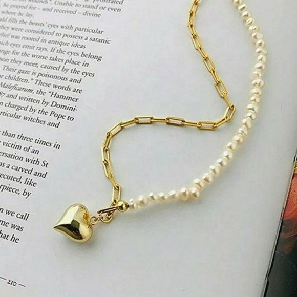 Gold Plated Cultured Baroque Pearl Chain‎ Link Heart Pendant Choker Necklace - Picture 3 of 10